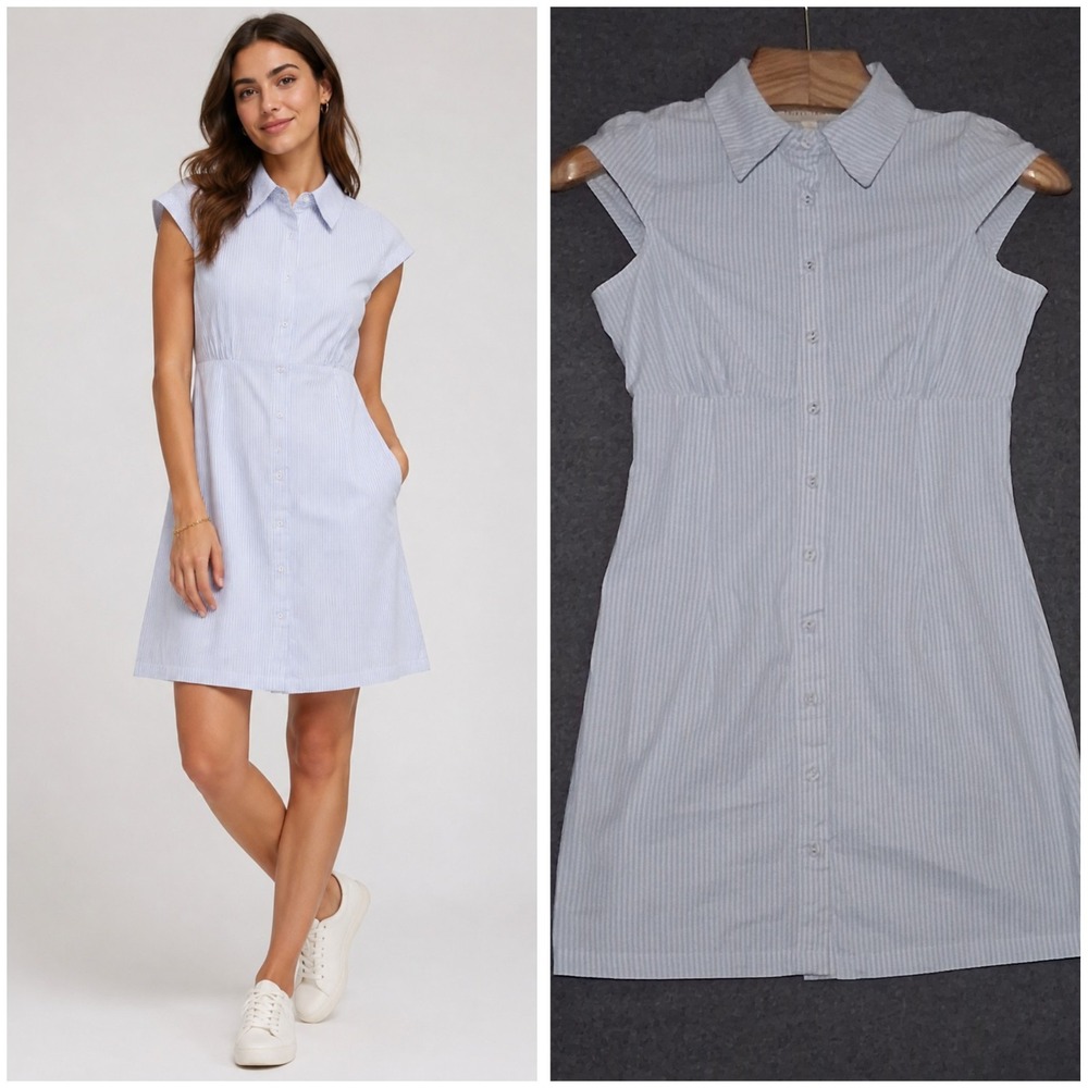 Thirty Thirty LA Women's Button Front Shirt Dress Sz Small Blue White Pinstripe